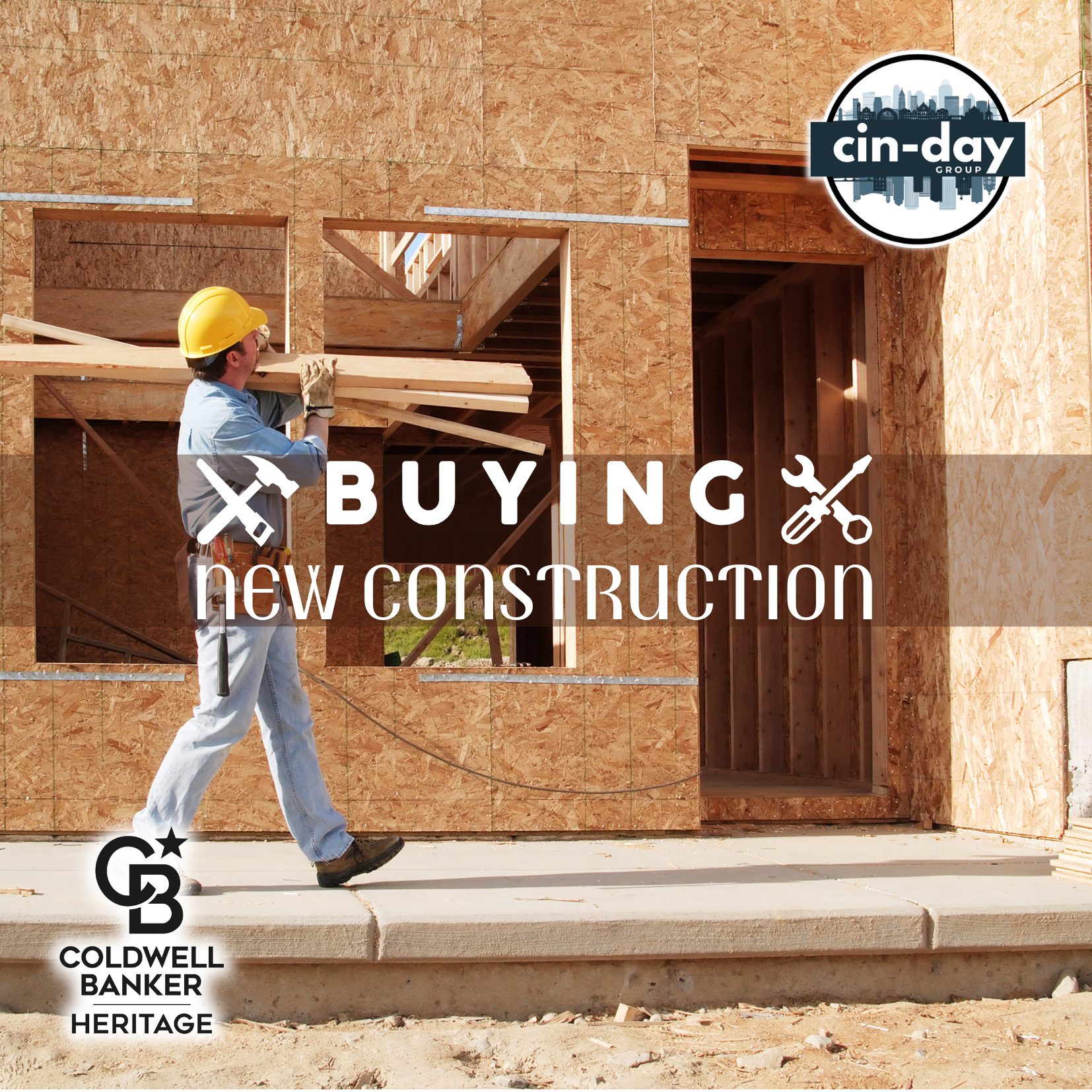 Construction worker carrying lumber in front of a partially framed new-build home, with the Cin-Day Group and Coldwell Banker Heritage logos overlaid and text reading “Buying New Construction.”