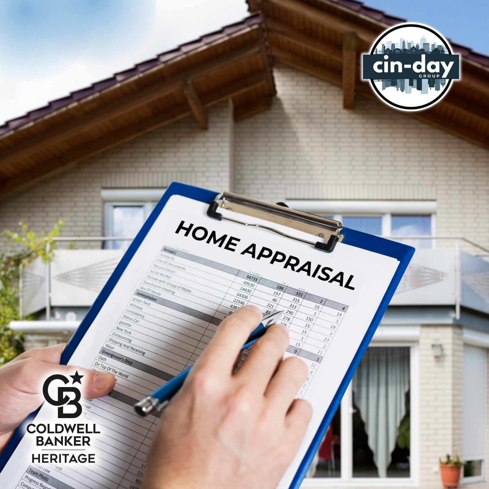 Person holding a clipboard labeled “Home Appraisal” in front of a modern brick house, reviewing property details with a pen. Cin-Day Group and Coldwell Banker Heritage logos appear on the image.