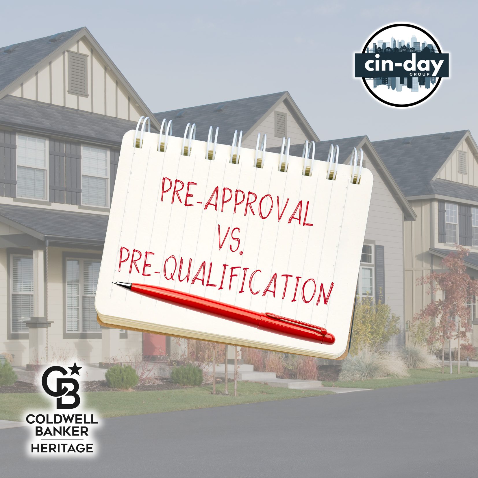 Graphic showing a notebook with the words “Pre-Approval vs. Pre-Qualification” over a suburban home background, branded with Cin-Day Group and Coldwell Banker Heritage logos.