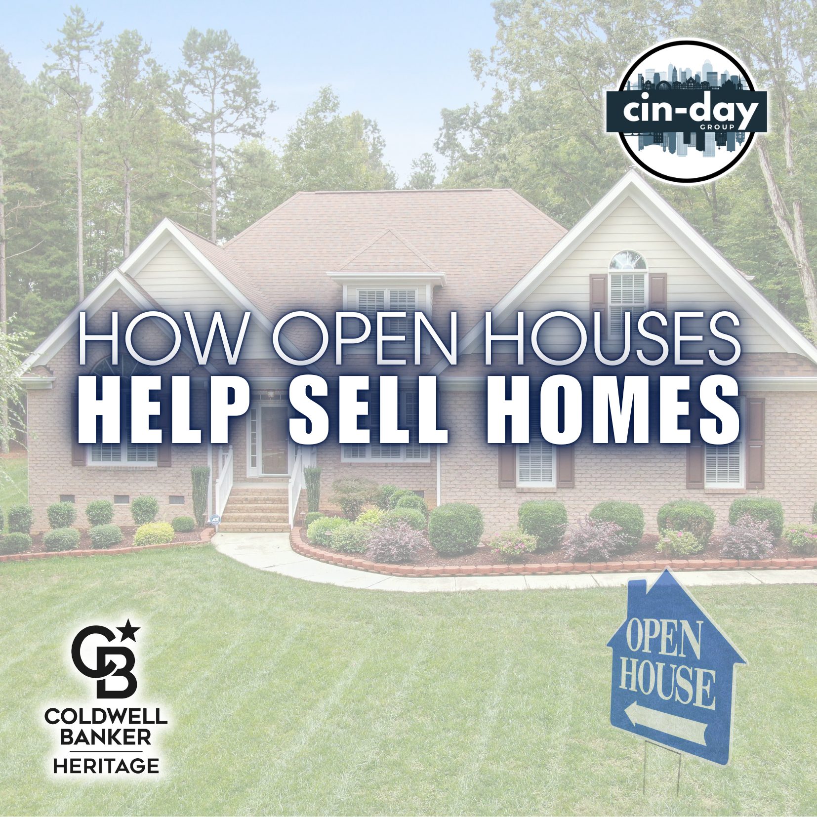 Open house sign in front of a Southwest Ohio home with text reading “How Open Houses Help Sell Homes,” branded by Cin-Day Group and Coldwell Banker Heritage.