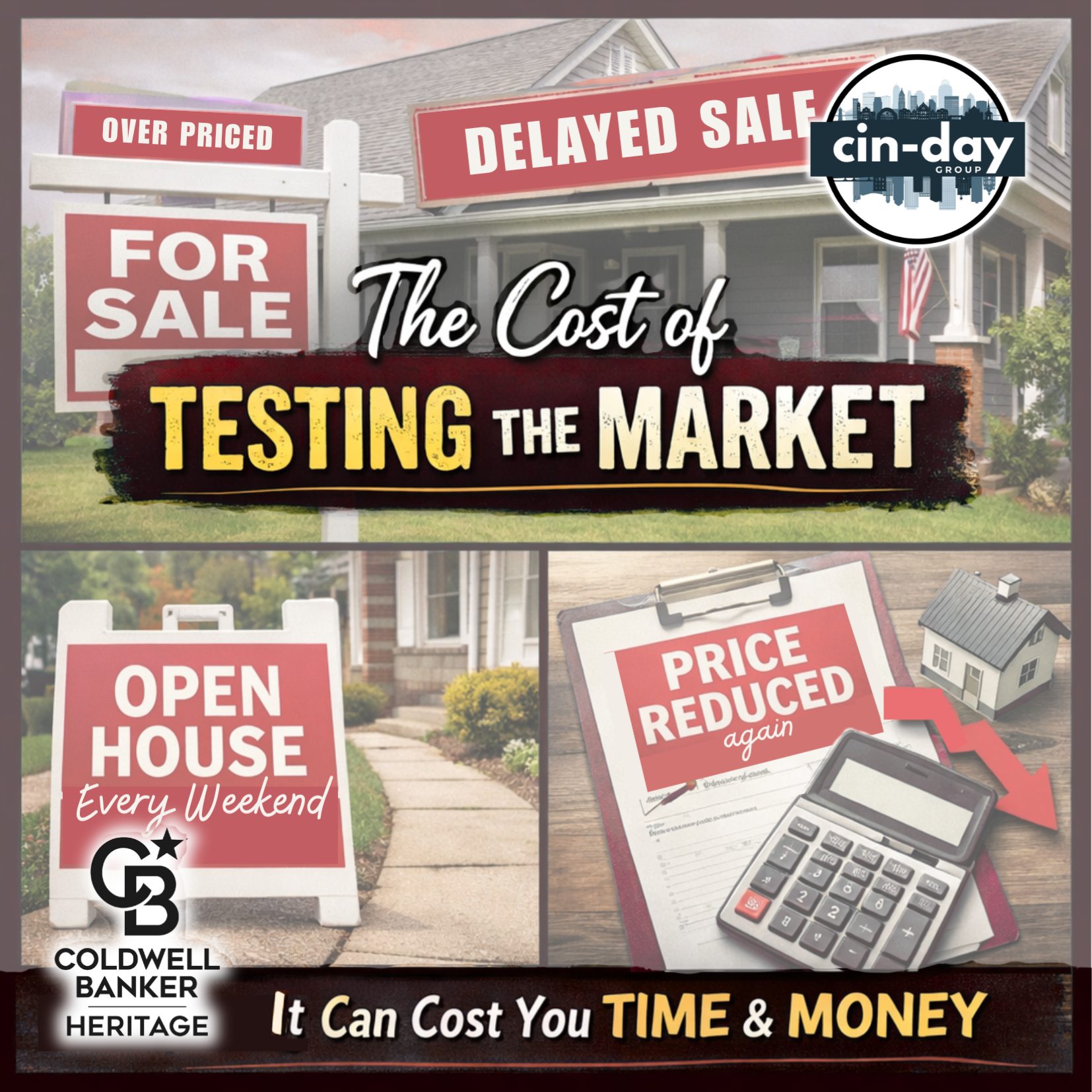 Real estate graphic showing an overpriced home for sale, empty open house sign, price reduction clipboard, and warning that overpricing costs time and money.