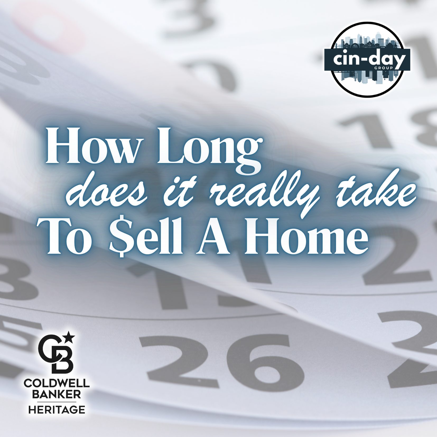 Clock graphic with the text “How Long does it take to Sell a Home” and Cin-Day Group and Coldwell Banker Heritage logos.