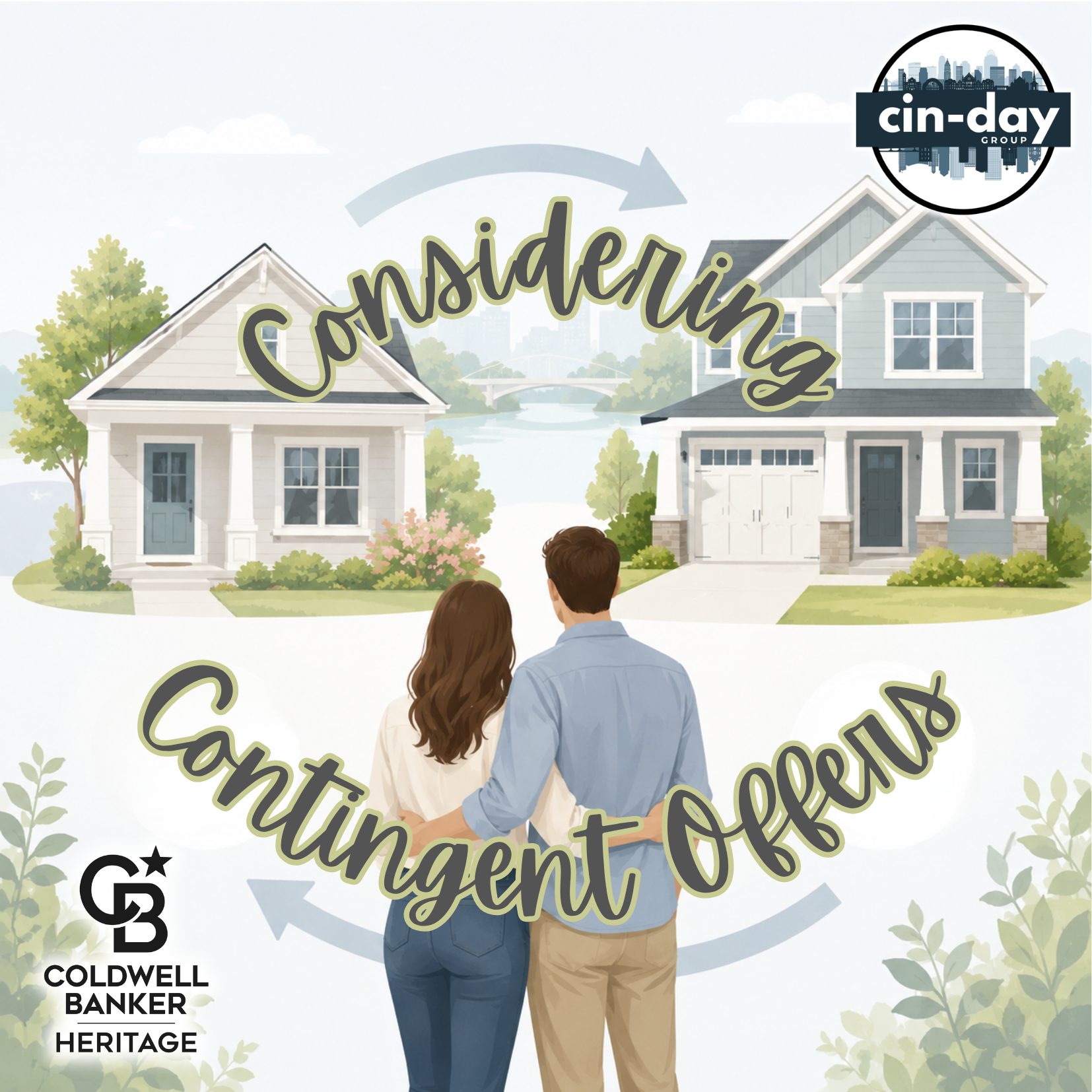 Illustration of a couple standing between two homes with arrows representing the process of moving from one home to another. The image includes the words "Considering Contingent Offers" along with Cin-Day Group and Coldwell Banker Heritage branding on a soft, light-colored background.