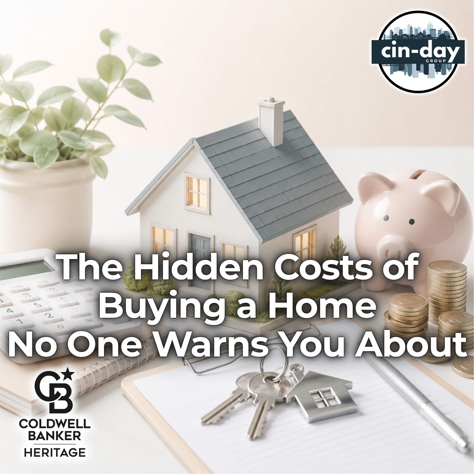 Illustration of a model house surrounded by a calculator, house keys, a piggy bank, coins, and a notepad, representing the hidden costs of buying a home. The image includes Cin-Day Group and Coldwell Banker Heritage branding in a soft, light-colored design.