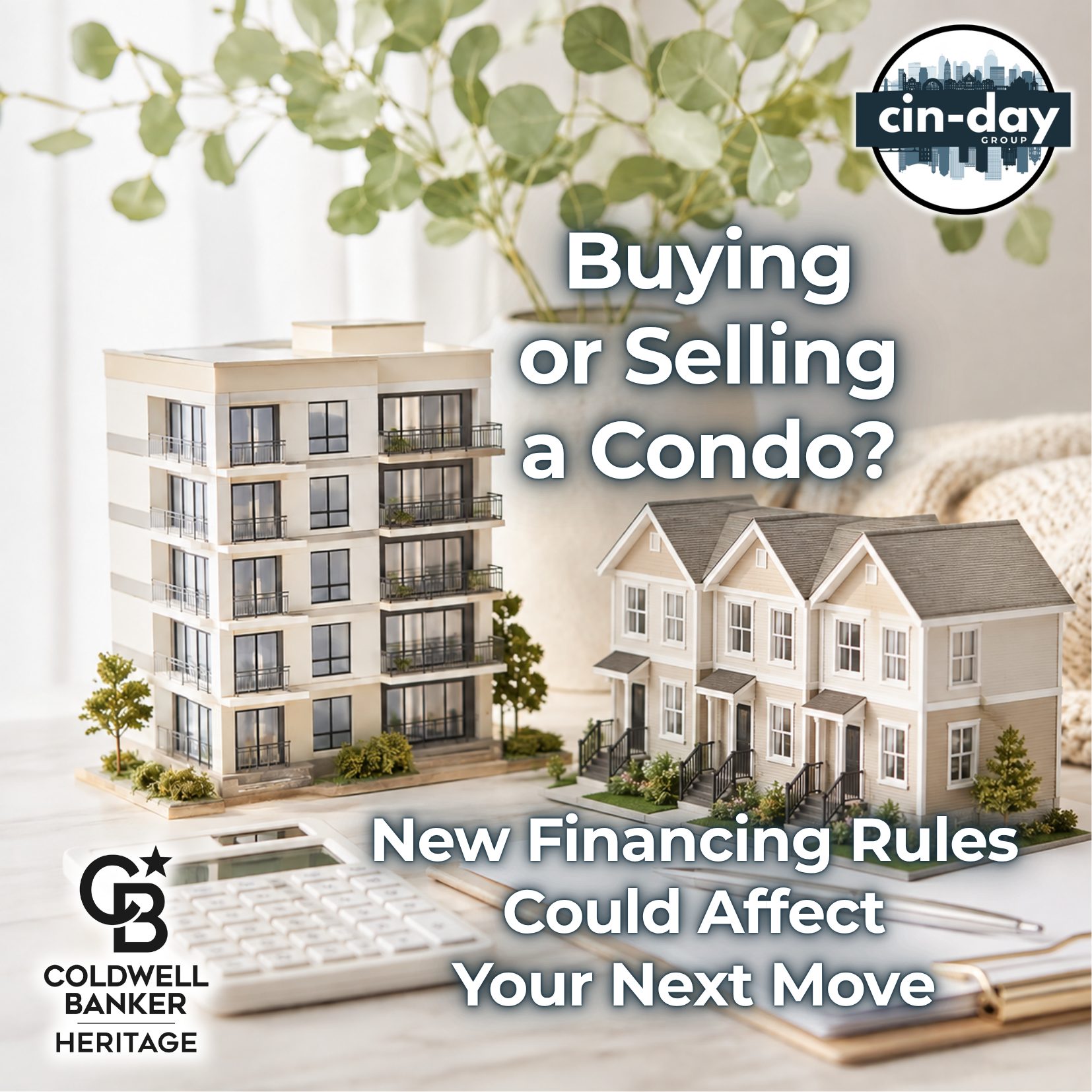 Architectural models of a condominium building and townhomes sit beside a calculator, clipboard, and pen on a bright desk, representing condo financing, HOA planning, and real estate transactions.
