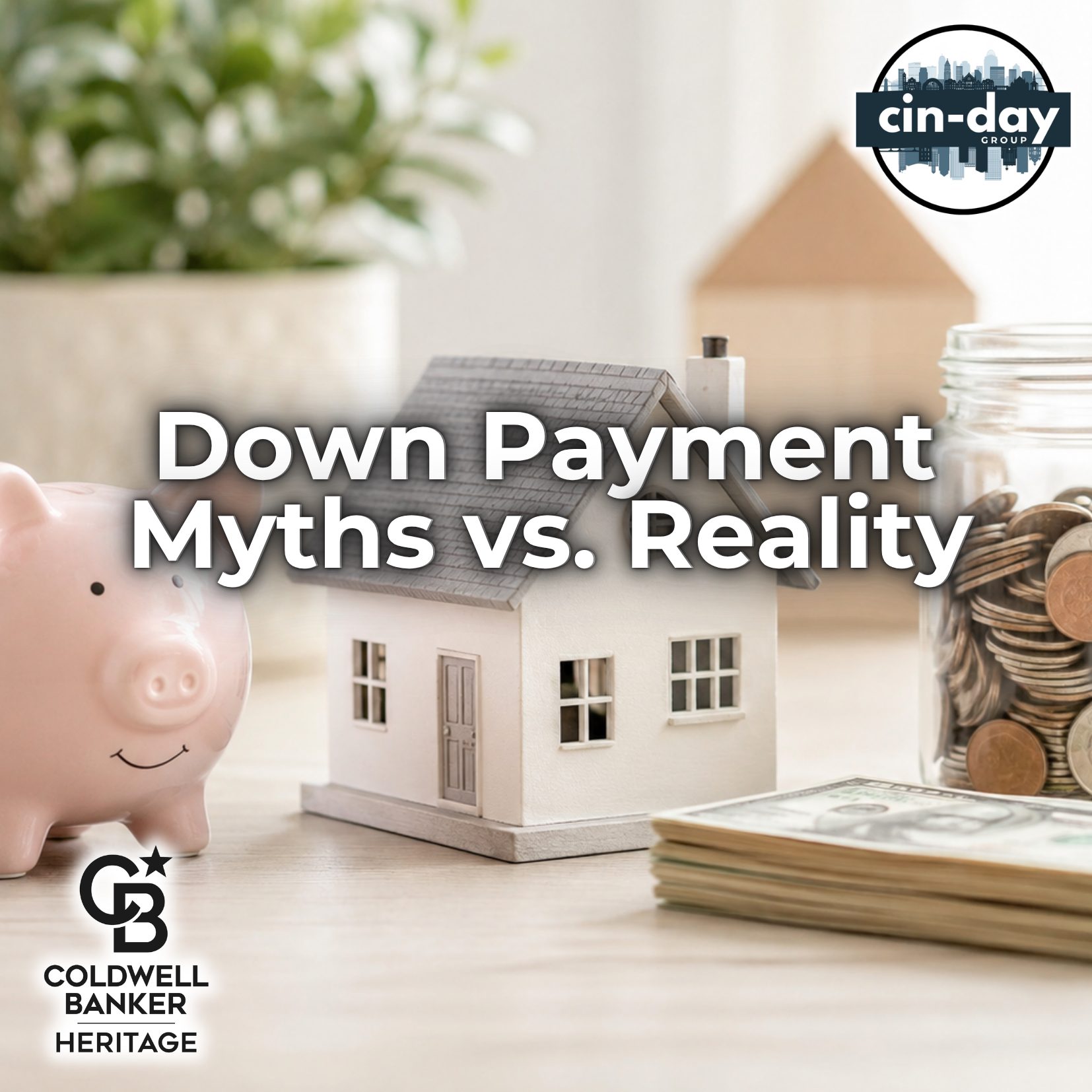 Model home beside a pink piggy bank, savings jar, and cash representing down payment planning for buying a home.