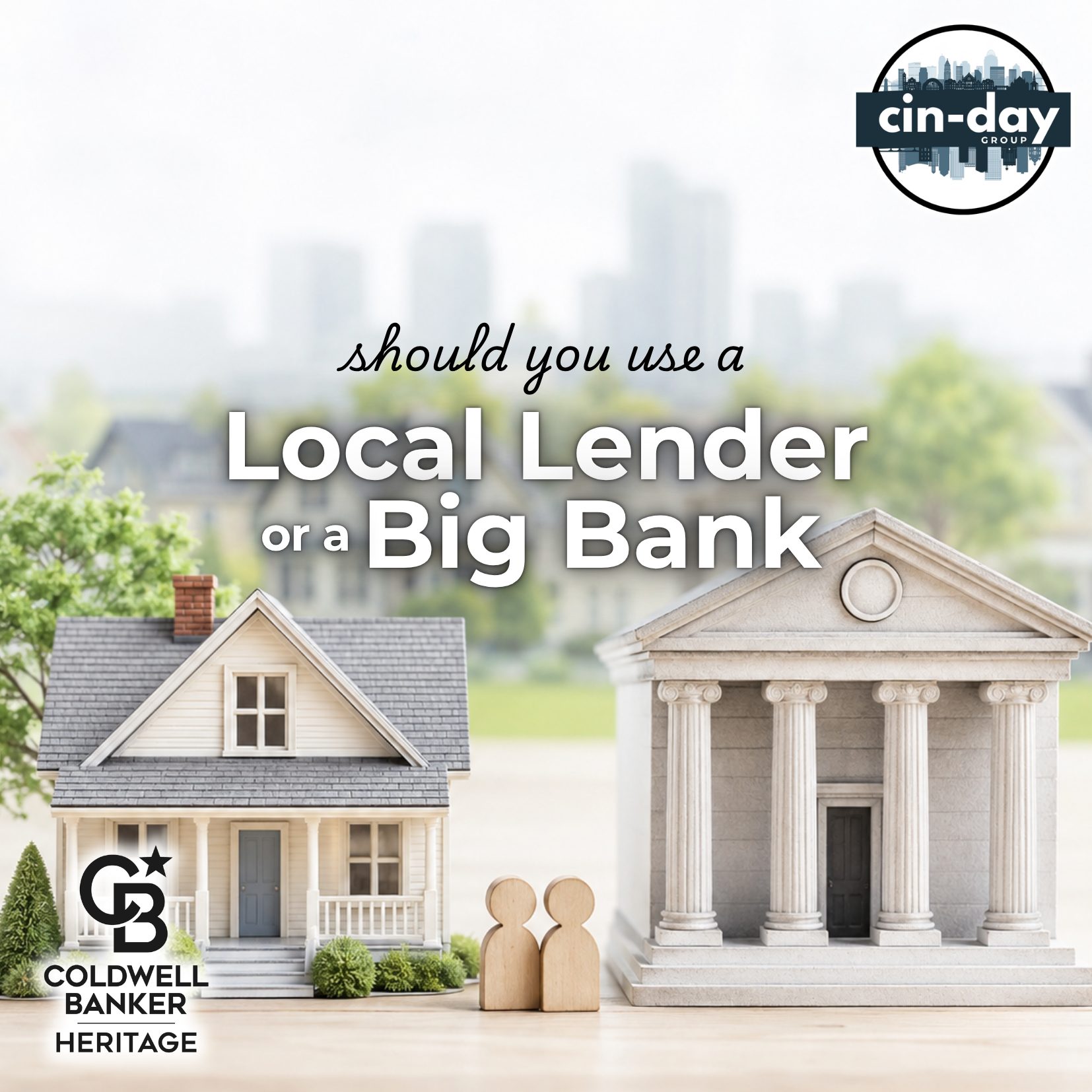 Local lender vs. big bank mortgage graphic featuring a home, bank, Cin-Day Group, and Coldwell Banker Heritage branding.