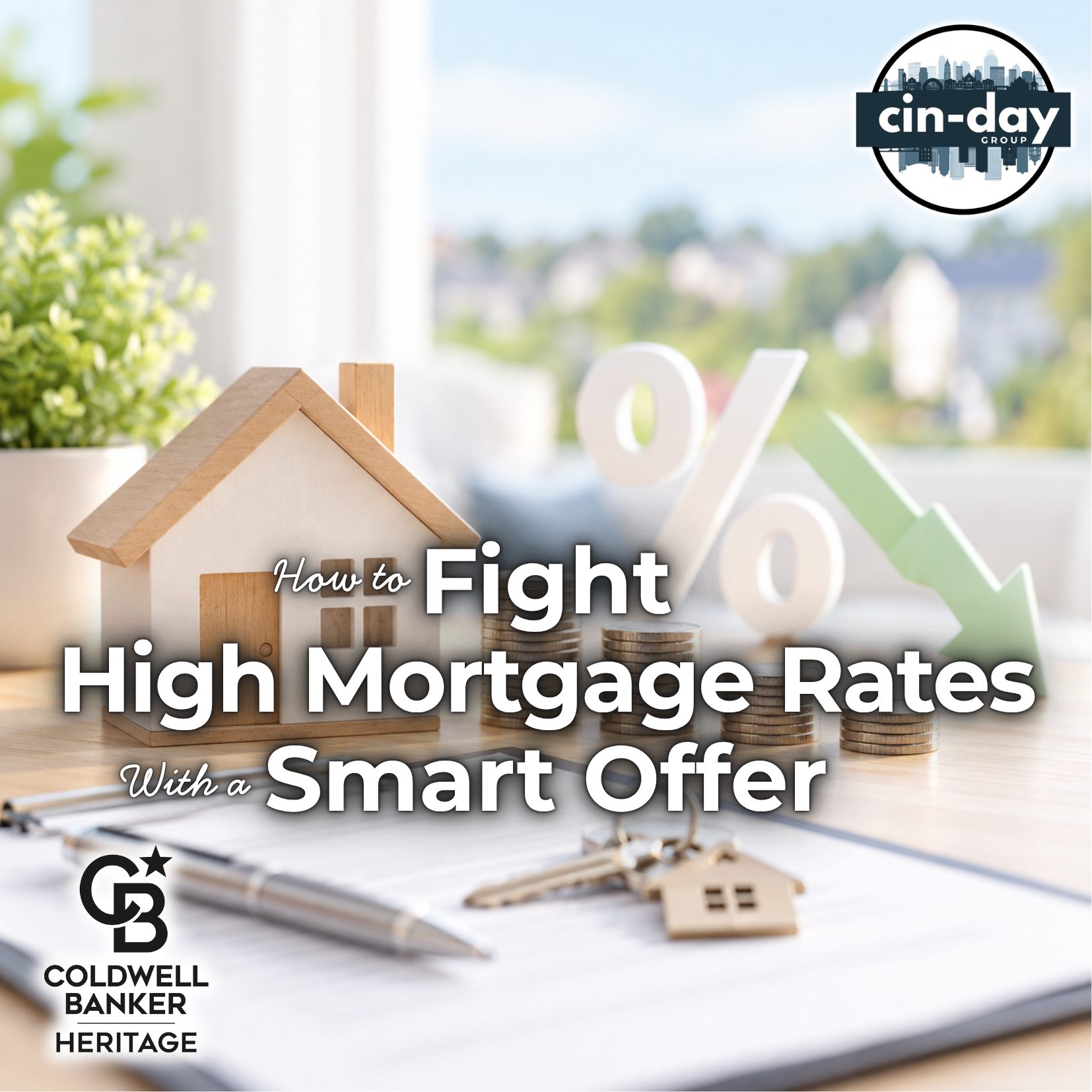 How to fight high mortgage rates with a smart offer, featuring a home, interest rate symbol, coins, and Cin-Day Group branding.