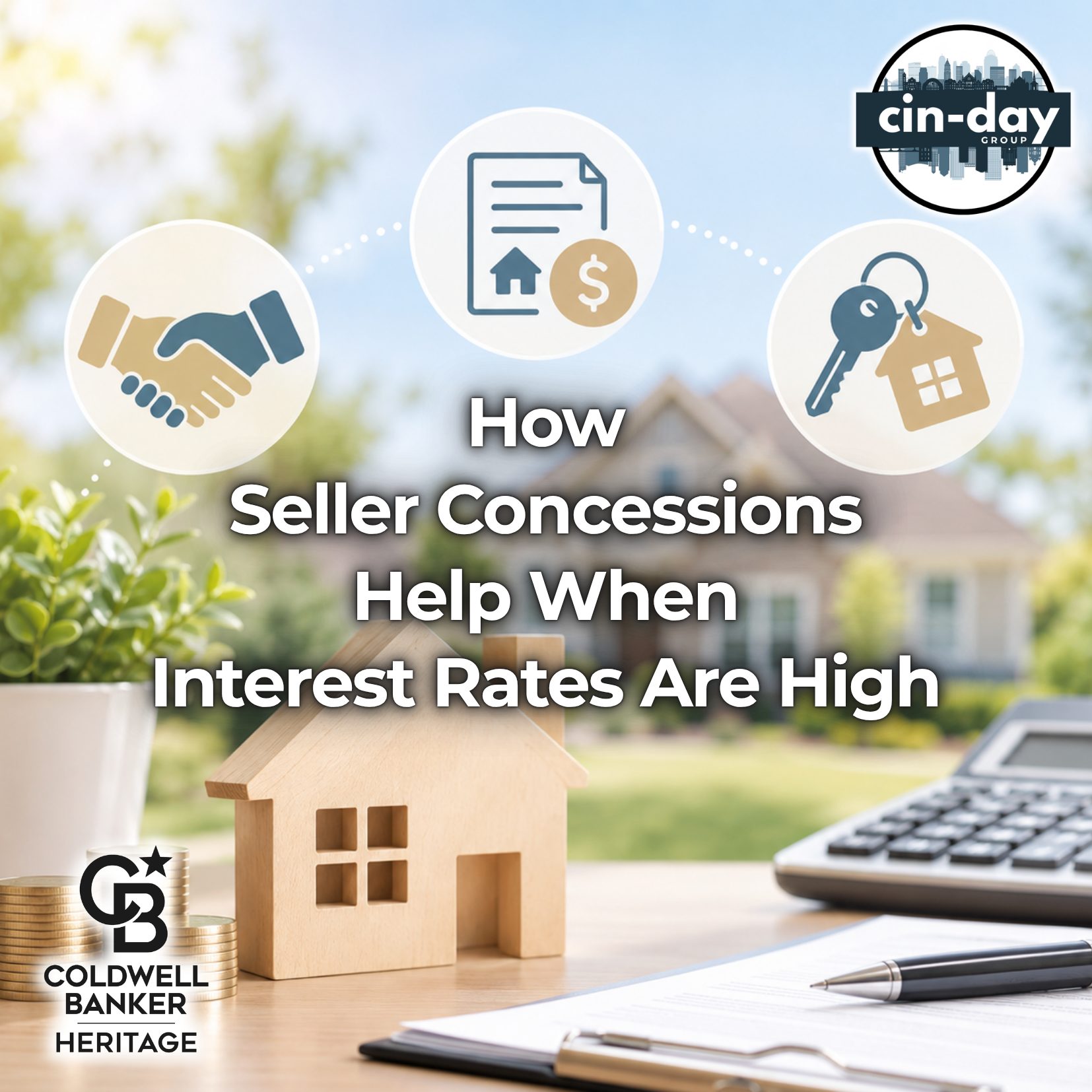 Wooden model home with coins, mortgage documents, calculator, and home-buying icons representing financing and seller-paid closing costs.