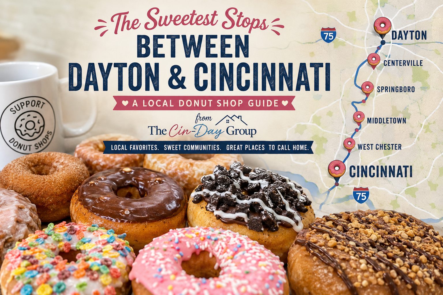 Assorted donuts with sprinkles, chocolate, and cookie toppings beside a coffee mug, with a map of donut stops along I-75 from Dayton to Cincinnati. Text reads "The Sweetest Stops Between Dayton & Cincinnati."