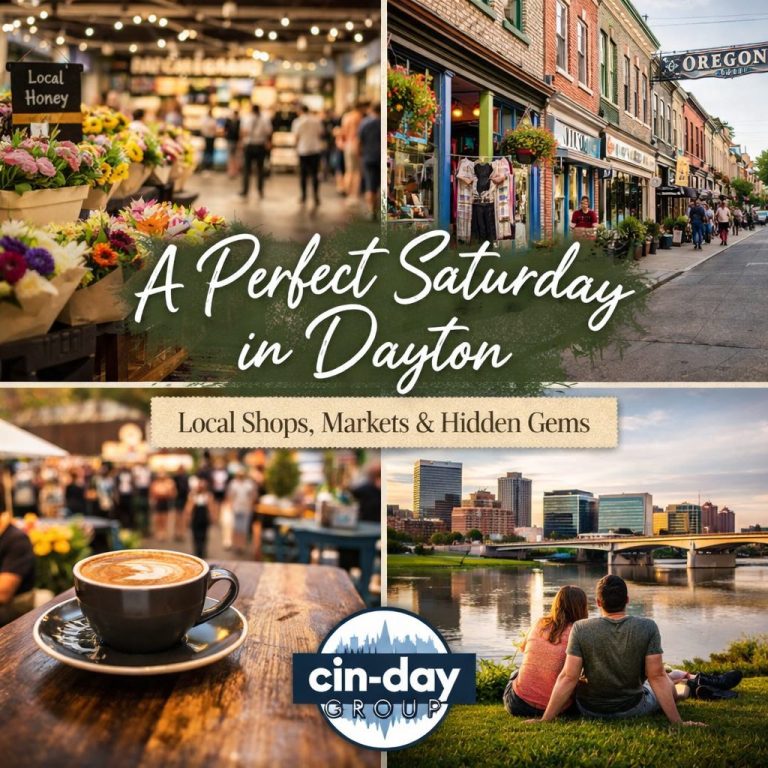 Collage of a Saturday in Dayton: flower stalls at an indoor market, colorful shops on an Oregon District street, a latte on a café table, and a couple overlooking the Dayton skyline and river. Text reads "A Perfect Saturday in Dayton: Local Shops, Markets & Hidden Gems."