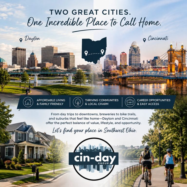 Split image of the Dayton skyline and the Cincinnati skyline with the Roebling Bridge, joined by a map of Ohio. Below are a suburban home and two cyclists on a riverside trail. Text reads "Two Great Cities. One Incredible Place to Call Home."