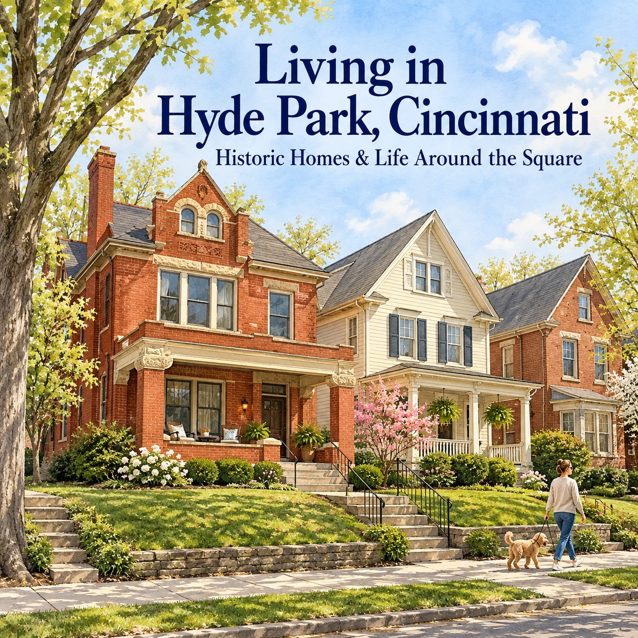 Watercolor illustration of a traditional brick home and neighborhood shops with the title “Living in Hyde Park, Cincinnati.”