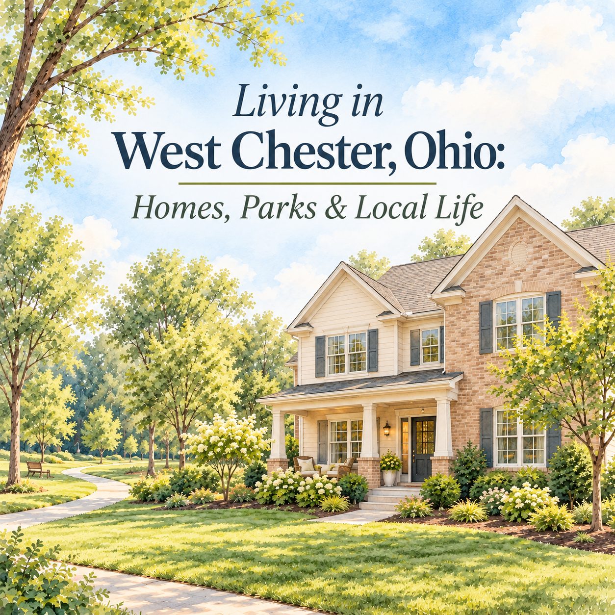 Watercolor illustration of a beautiful two-story home with lush landscaping, mature trees, and a walking path, representing homes, parks, and neighborhood living in West Chester, Ohio.