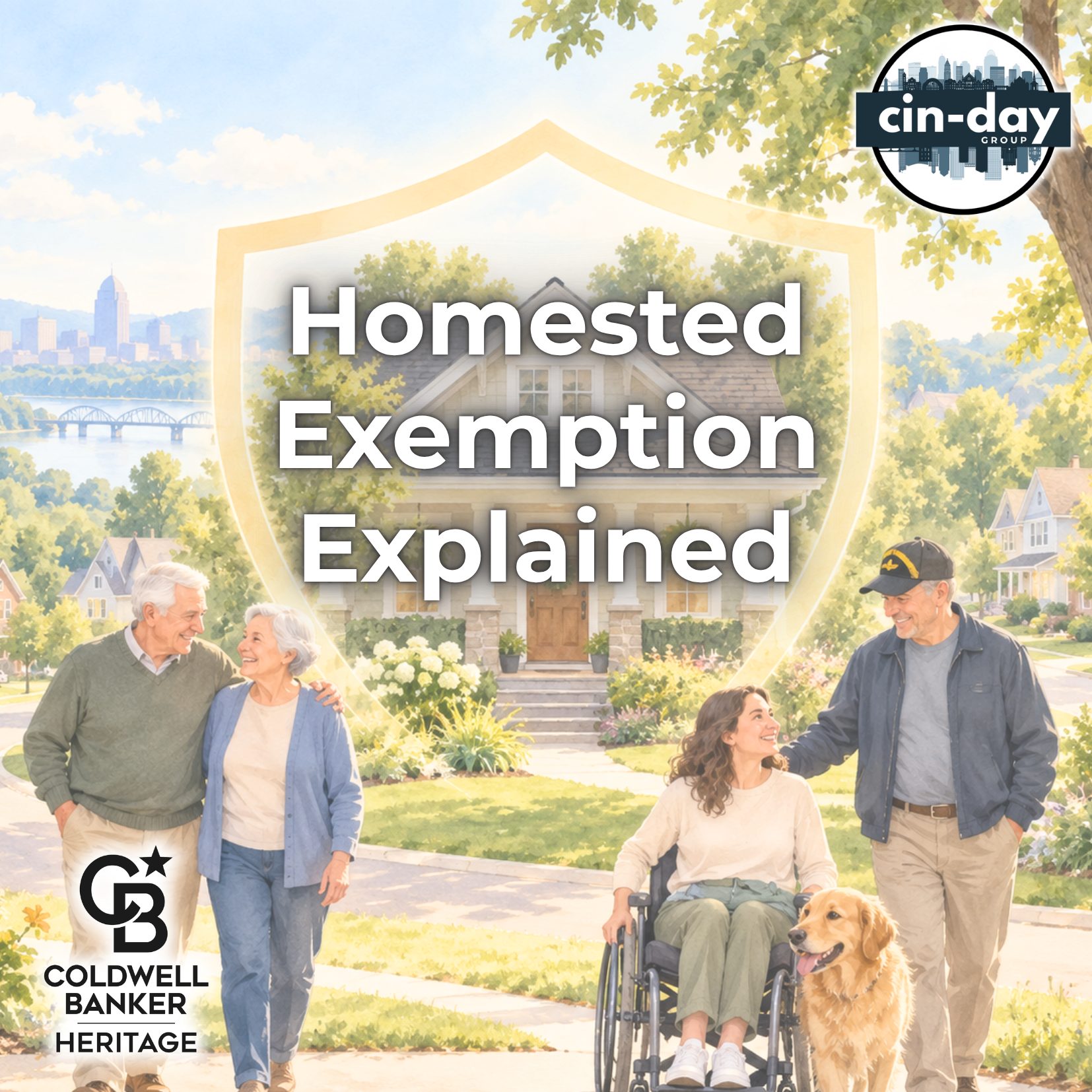 Light watercolor illustration of a home in a leafy Ohio neighborhood, surrounded by a protective shield and three homeowners: an older couple, a wheelchair user, and a veteran.