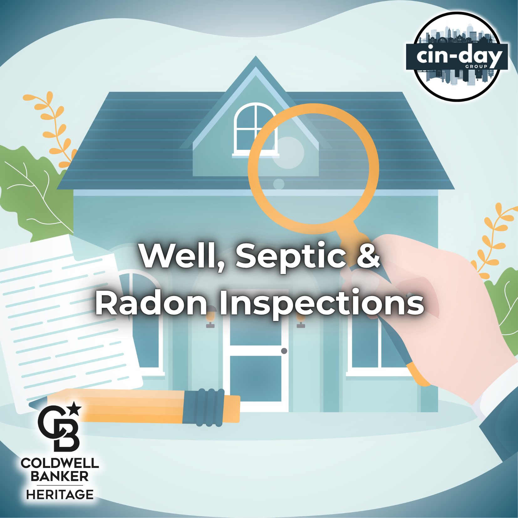 Illustration of a home being examined with a magnifying glass beside an inspection report, titled “Well, Septic & Radon Inspections.”