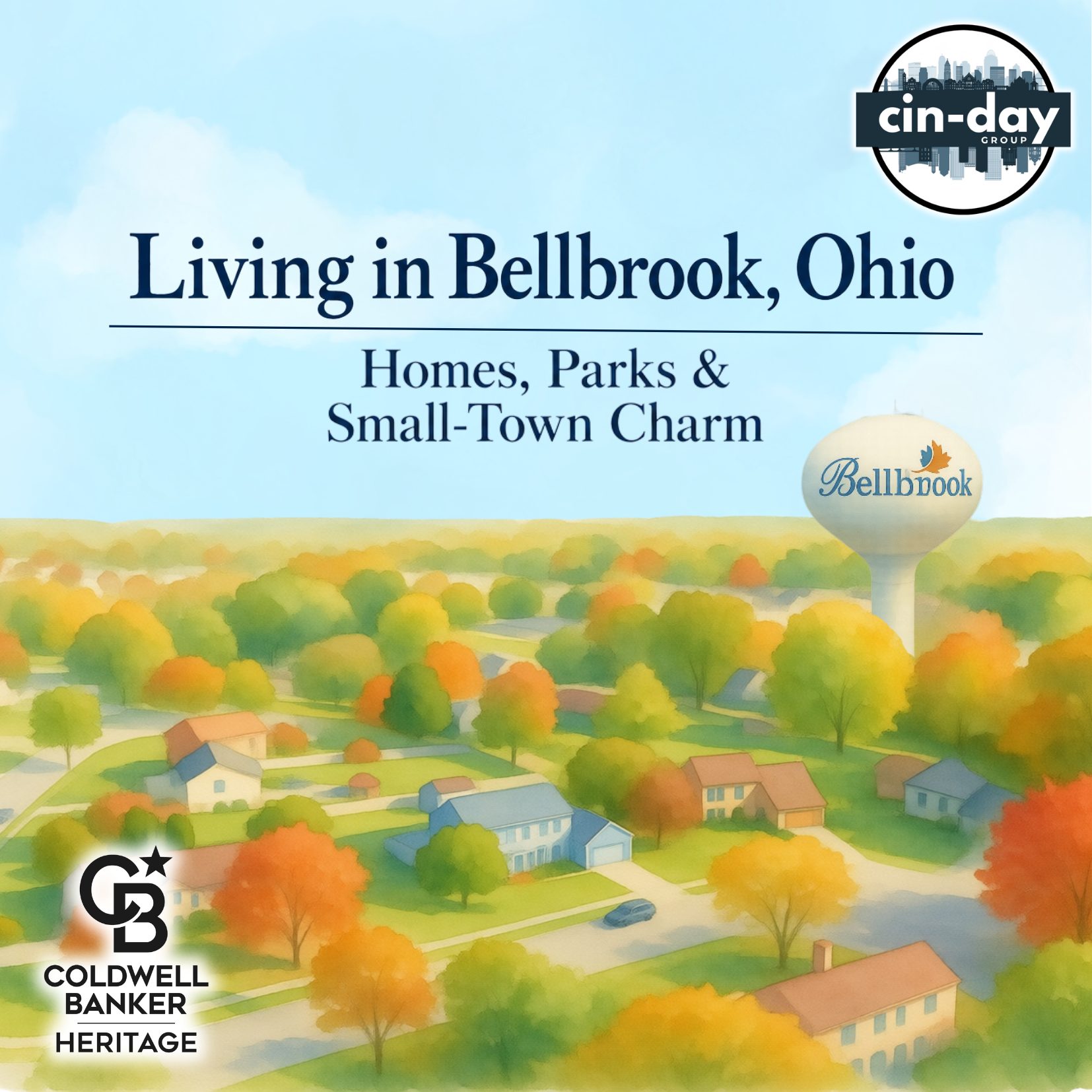 Watercolor illustration of an aerial view of Bellbrook, OH. The title overlay says “Living in Bellbrook, Ohio.”