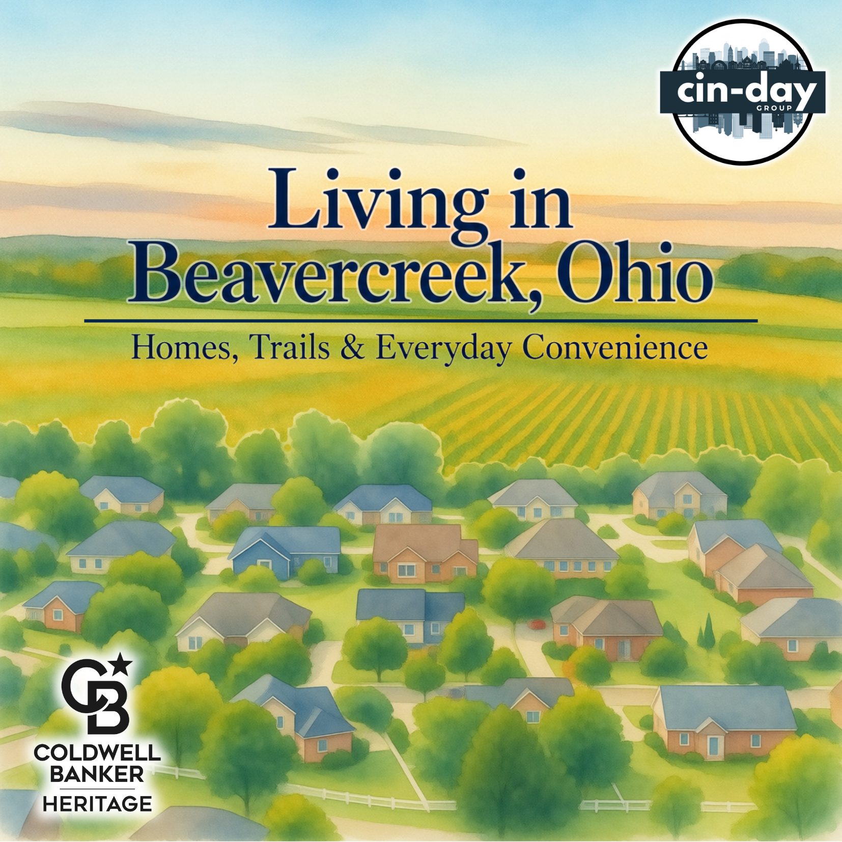 Watercolor illustration of a brick ranch home and curving recreational trail with the title “Living in Beavercreek, Ohio.”